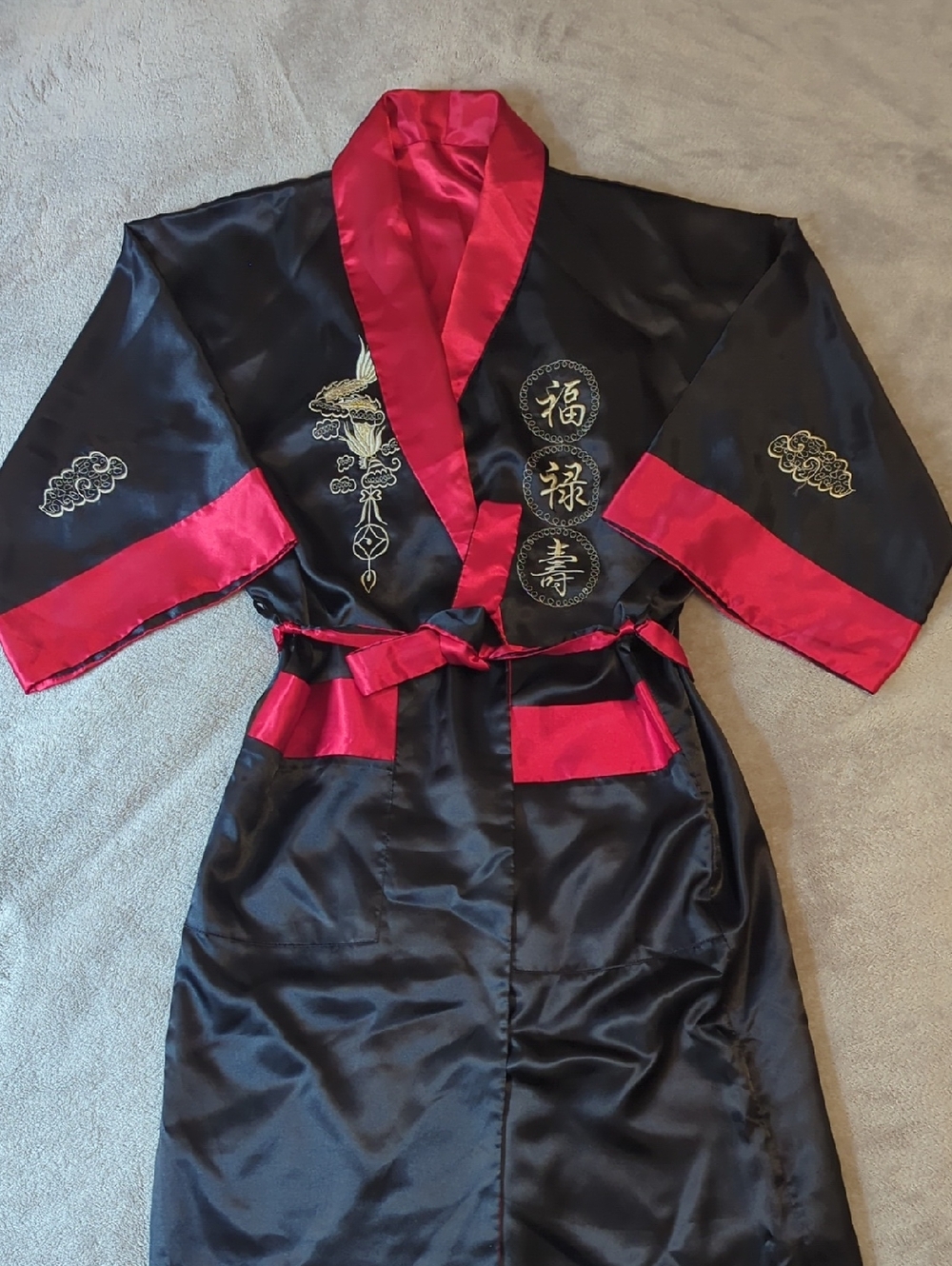 Black Satin Kimono Robe with Red Trim